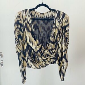 1980s Vintage metallic gold and black ikat pattern long sleeve top size small
